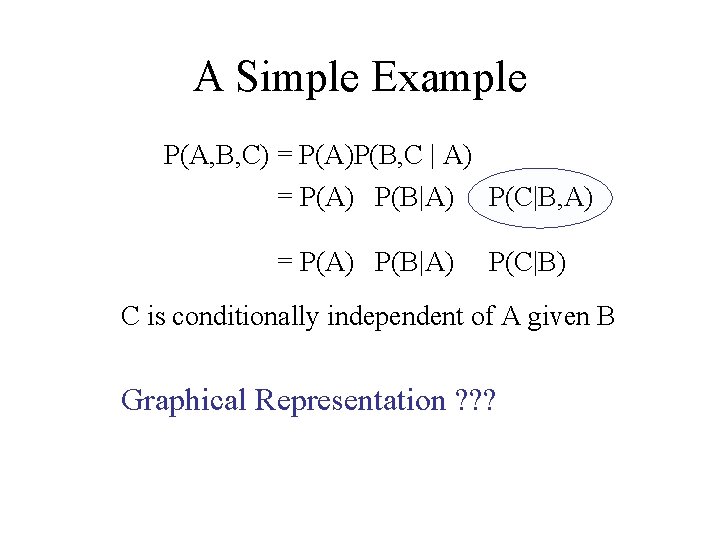 A Simple Example P(A, B, C) = P(A)P(B, C | A) = P(A) P(B|A)