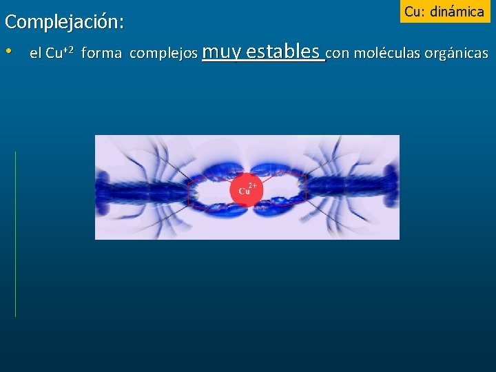 Complejación: Cu: dinámica • el Cu+2 forma complejos muy estables con moléculas orgánicas 