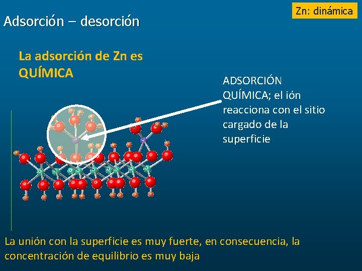 Adsorción – desorción La adsorción de Zn es QUÍMICA Zn: dinámica ADSORCIÓN QUÍMICA; el