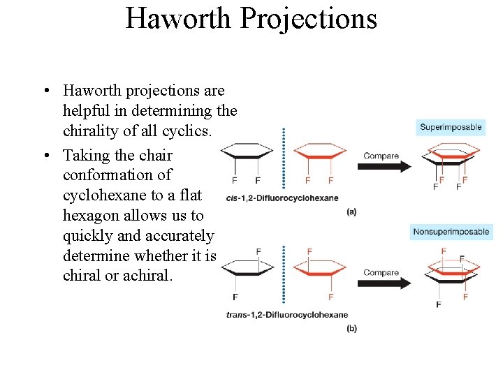 Haworth Projections • Haworth projections are helpful in determining the chirality of all cyclics. Haworth Projections • Haworth projections are helpful in determining the chirality of all cyclics.