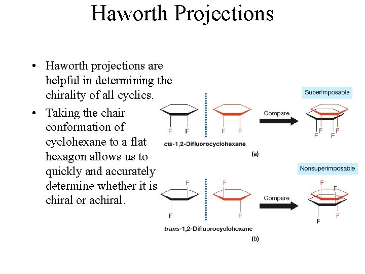 Haworth Projections • Haworth projections are helpful in determining the chirality of all cyclics.