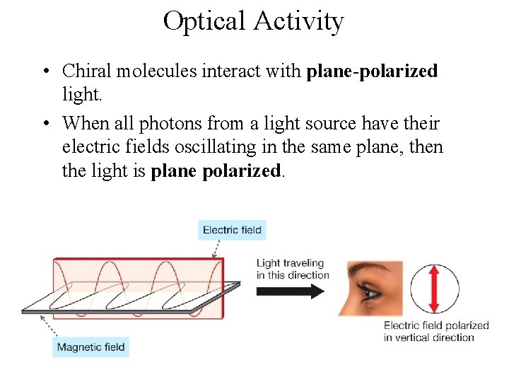 Optical Activity • Chiral molecules interact with plane-polarized light. • When all photons from