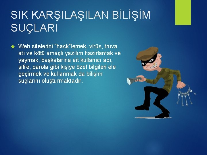 SIK KARŞILAN BİLİŞİM SUÇLARI Web sitelerini "hack"lemek, virüs, truva atı ve kötü amaçlı yazılım