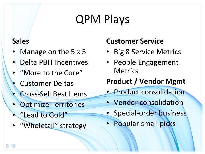 QPM Plays Sales • Manage on the 5 x 5 • Delta PBIT Incentives