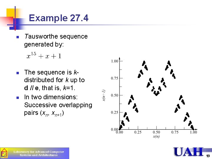 Example 27. 4 n n n Tausworthe sequence generated by: The sequence is kdistributed