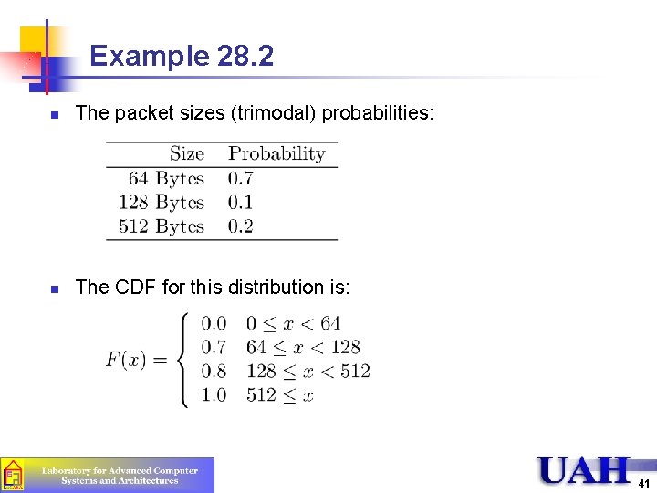 Example 28. 2 n The packet sizes (trimodal) probabilities: n The CDF for this