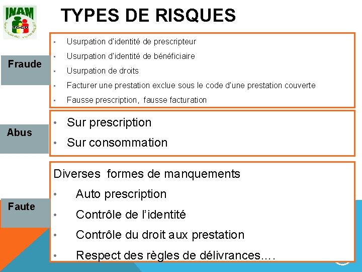 TYPES DE RISQUES Fraude Abus • Usurpation d’identité de prescripteur • Usurpation d’identité de