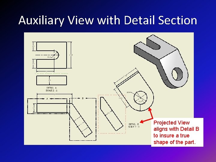Auxiliary View with Detail Section Projected View aligns with Detail B to insure a