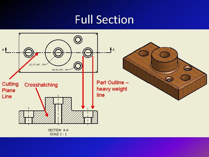 Full Section Cutting Plane Line Crosshatching Part Outline – heavy weight line 
