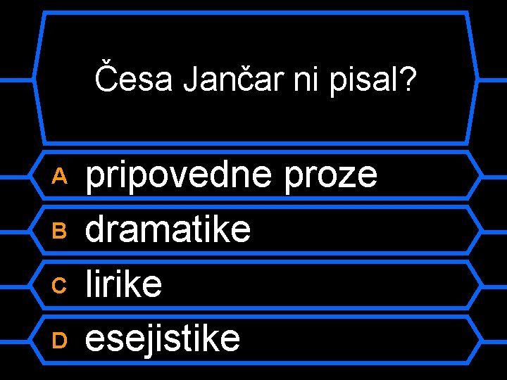 Česa Jančar ni pisal? A B C D pripovedne proze dramatike lirike esejistike 