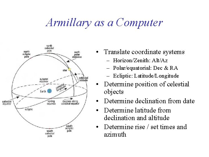 Armillary as a Computer • Translate coordinate systems – Horizon/Zenith: Alt/Az – Polar/equatorial: Dec