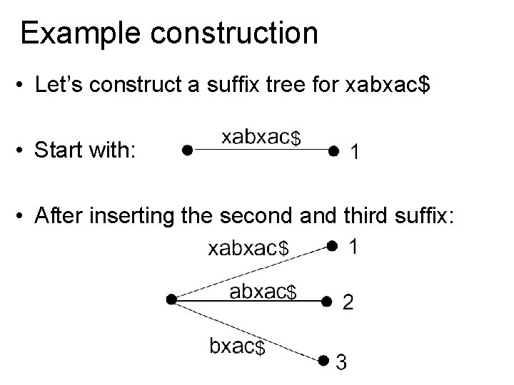 Example construction • Let’s construct a suffix tree for xabxac$ $ • Start with: