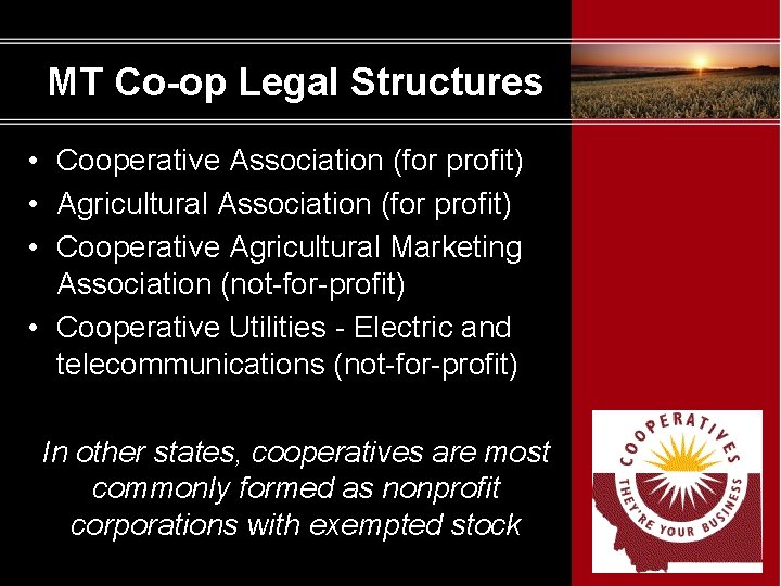 MT Co-op Legal Structures • Cooperative Association (for profit) • Agricultural Association (for profit)