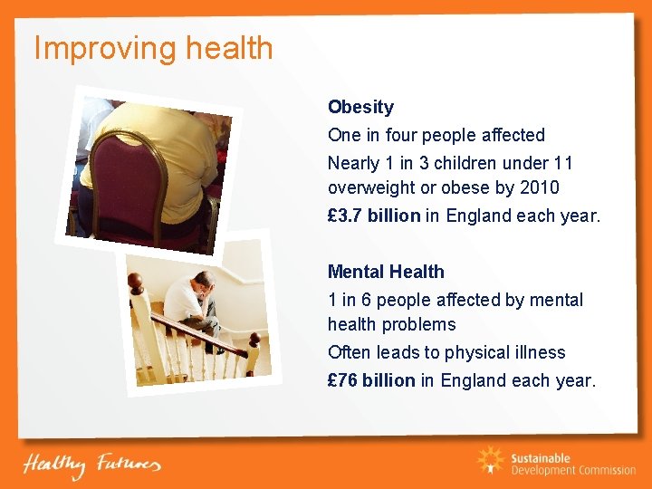 Improving health Obesity One in four people affected Nearly 1 in 3 children under