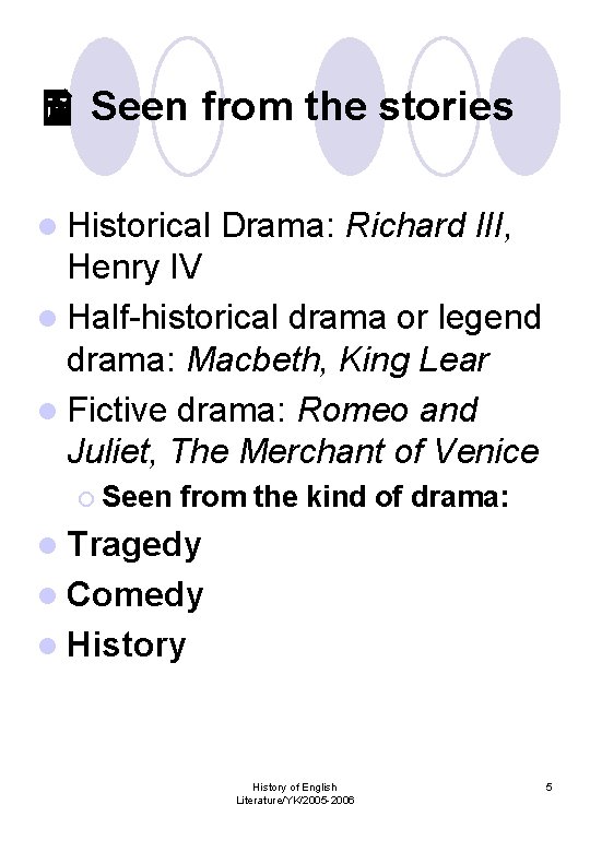  Seen from the stories l Historical Drama: Richard III, Henry IV l Half-historical