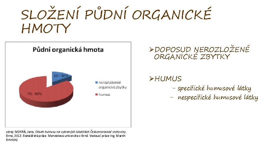 SLOŽENÍ PŮDNÍ ORGANICKÉ HMOTY ØDOPOSUD NEROZLOŽENÉ ORGANICKÉ ZBYTKY ØHUMUS - specifické humusové látky -