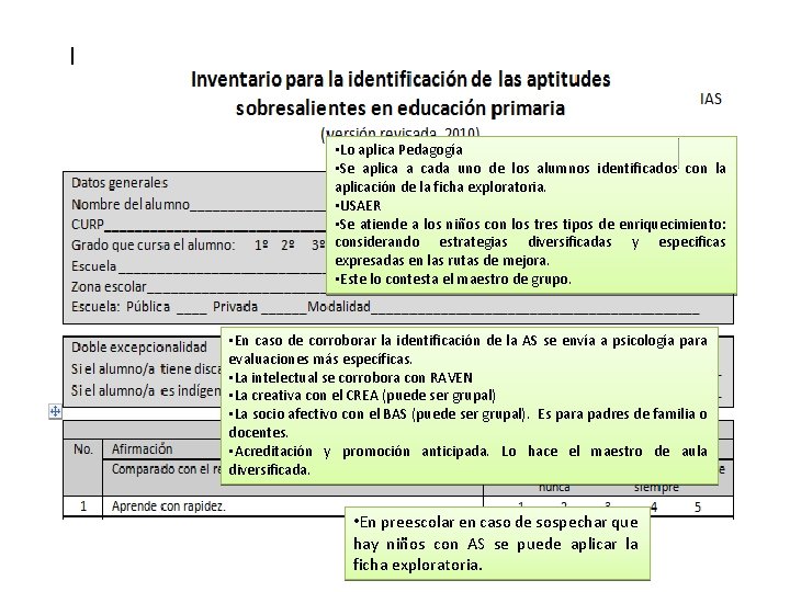  • Lo aplica Pedagogía • Se aplica a cada uno de los alumnos