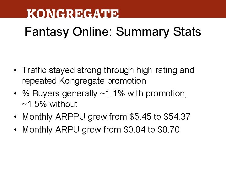 Fantasy Online: Summary Stats • Traffic stayed strong through high rating and repeated Kongregate