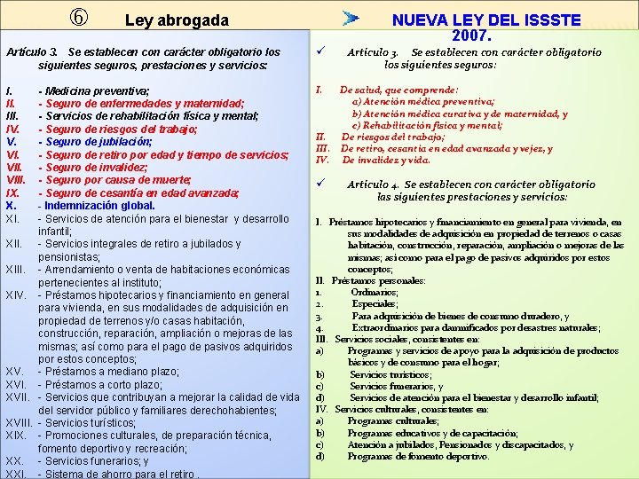  Ley abrogada NUEVA LEY DEL ISSSTE 2007. Artículo 3. Se establecen con carácter