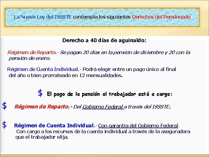 La Nueva Ley del ISSSTE contempla los siguientes Derechos del Pensionado: Derecho a 40