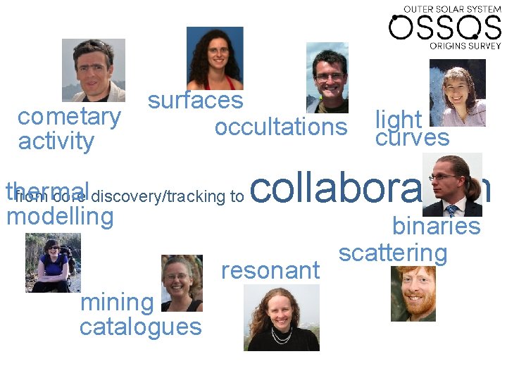 cometary activity surfaces occultations thermal from core discovery/tracking to modelling collaboration resonant mining catalogues