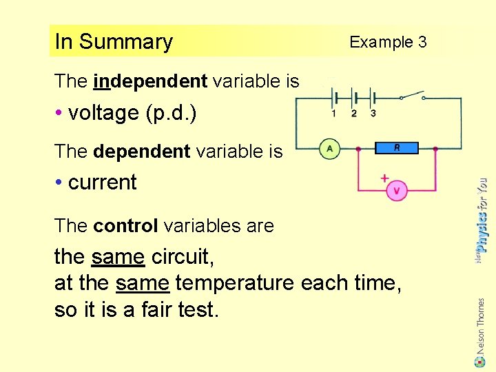 In Summary Example 3 The independent variable is ? • voltage (p. d. )