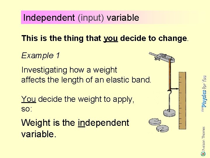 Independent (input) variable This is the thing that you decide to change. Example 1