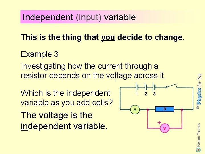 Independent (input) variable This is the thing that you decide to change. Example 3