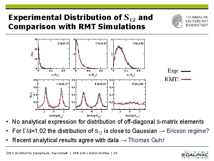 Experimental Distribution of S 12 and Comparison with RMT Simulations Exp: RMT: • No