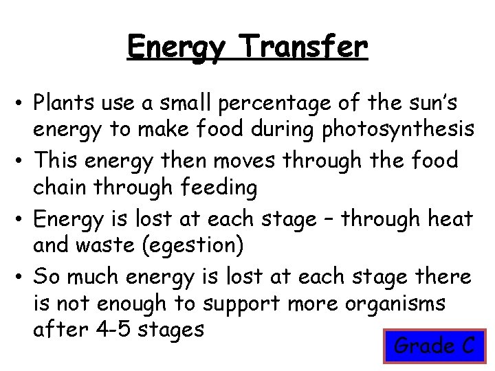 Energy Transfer • Plants use a small percentage of the sun’s energy to make