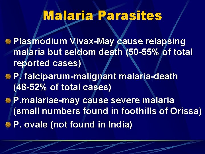 Malaria Parasites Plasmodium Vivax-May cause relapsing malaria but seldom death (50 -55% of total