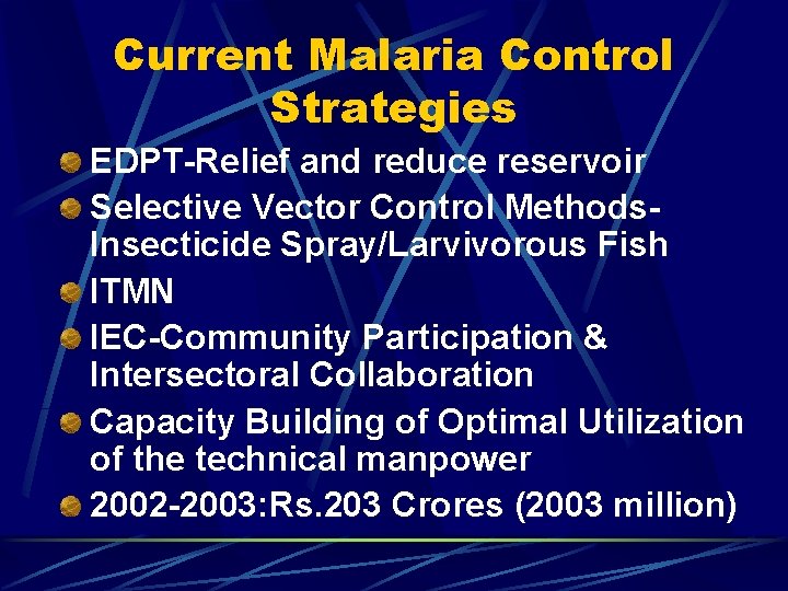 Current Malaria Control Strategies EDPT-Relief and reduce reservoir Selective Vector Control Methods. Insecticide Spray/Larvivorous