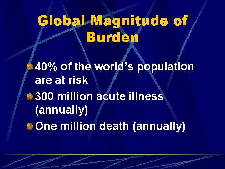 Global Magnitude of Burden 40% of the world’s population are at risk 300 million