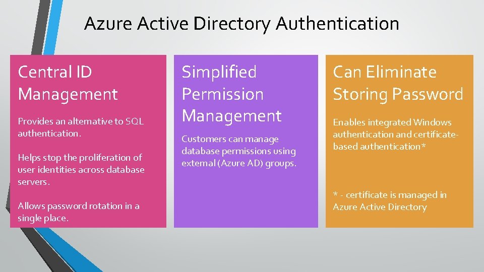 Azure Active Directory Authentication Central ID Management Provides an alternative to SQL authentication. Helps