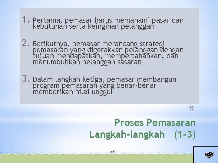 1. Pertama, pemasar harus memahami pasar dan kebutuhan serta keinginan pelanggan 2. Berikutnya, pemasar