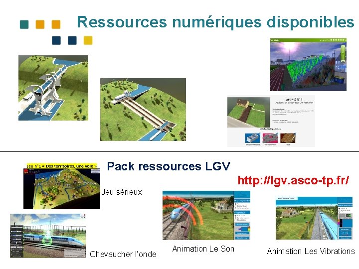 Ressources numériques disponibles Pack ressources LGV http: //lgv. asco-tp. fr/ Jeu sérieux Chevaucher l’onde