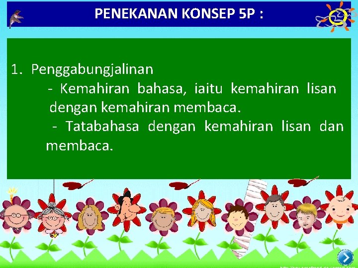 PENEKANAN KONSEP 5 P : 1. Penggabungjalinan - Kemahiran bahasa, iaitu kemahiran lisan dengan