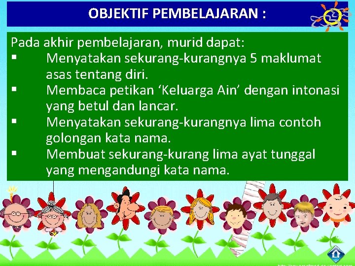 OBJEKTIF PEMBELAJARAN : Pada akhir pembelajaran, murid dapat: § Menyatakan sekurang-kurangnya 5 maklumat asas