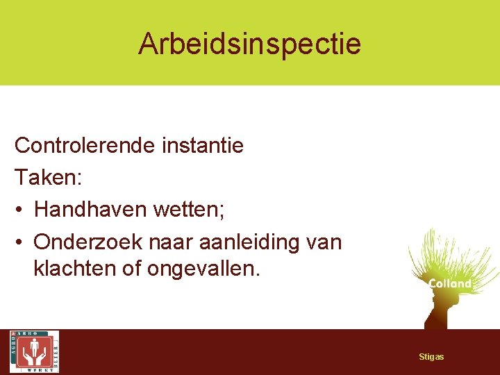 Arbeidsinspectie Controlerende instantie Taken: • Handhaven wetten; • Onderzoek naar aanleiding van klachten of