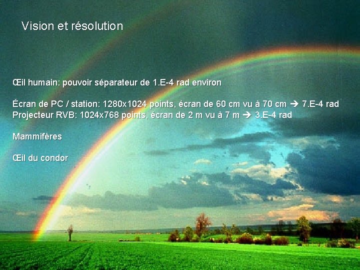 Vision et résolution Œil humain: pouvoir séparateur de 1. E-4 rad environ Écran de