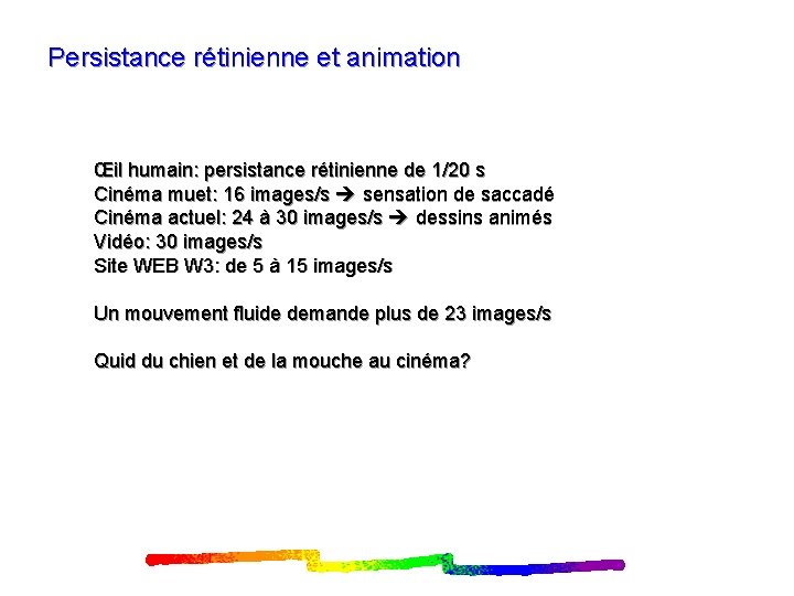 Persistance rétinienne et animation Œil humain: persistance rétinienne de 1/20 s Cinéma muet: 16