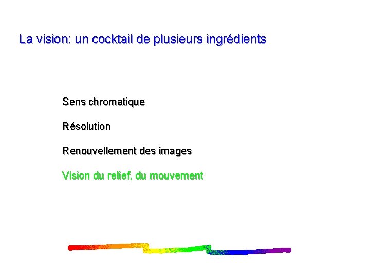 La vision: un cocktail de plusieurs ingrédients Sens chromatique Résolution Renouvellement des images Vision