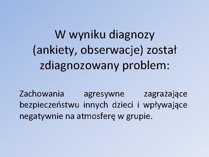 W wyniku diagnozy (ankiety, obserwacje) został zdiagnozowany problem: Zachowania agresywne zagrażające bezpieczeństwu innych dzieci