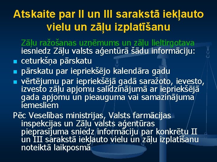 Atskaite par II un III sarakstā iekļauto vielu un zāļu izplatīšanu Zāļu ražošanas uzņēmums