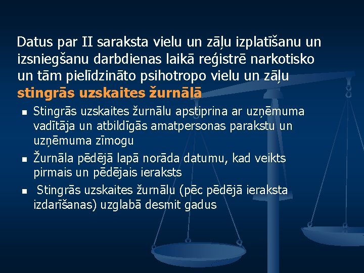  Datus par II saraksta vielu un zāļu izplatīšanu un izsniegšanu darbdienas laikā reģistrē