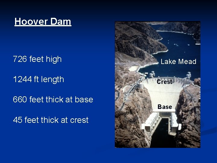 Hoover Dam 726 feet high 1244 ft length 660 feet thick at base 45