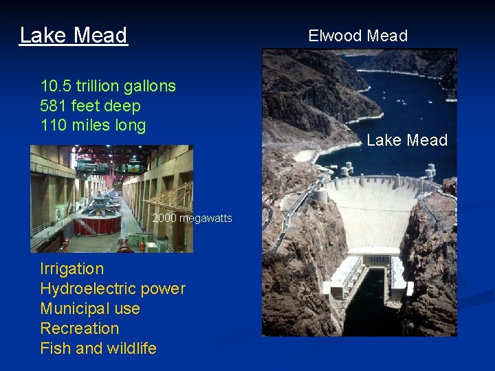 Lake Mead Elwood Mead 10. 5 trillion gallons 581 feet deep 110 miles long