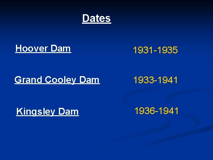 Dates Hoover Dam 1931 -1935 Grand Cooley Dam 1933 -1941 Kingsley Dam 1936 -1941