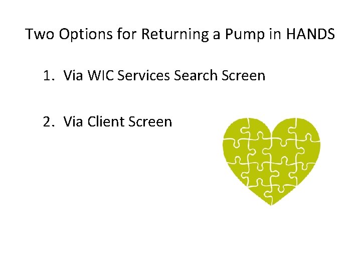 Two Options for Returning a Pump in HANDS 1. Via WIC Services Search Screen