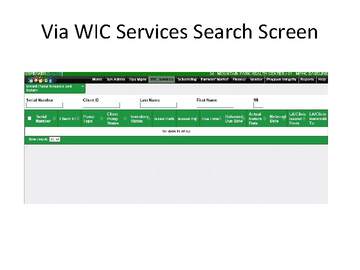 Via WIC Services Search Screen 